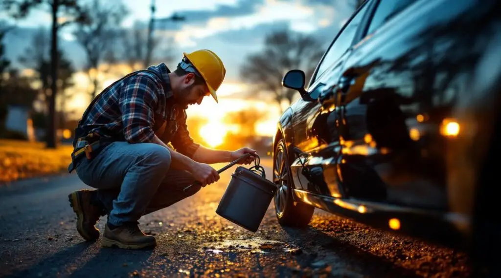 A professional Snappy Towing technician using specialized lockout tools to safely unlock a sedan in Eagle at dusk.