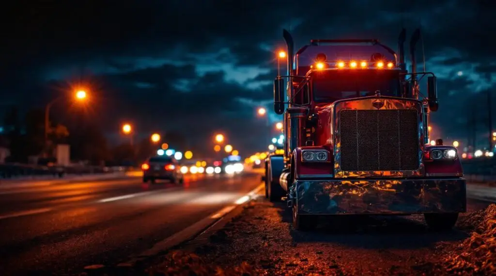 A Snappy Towing flatbed truck with amber safety lights assisting a disabled vehicle on the Lynnway at night in Eagle.