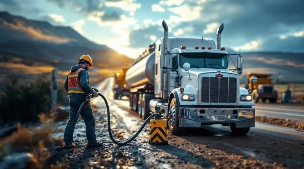 A Snappy Towing service vehicle parked safely behind a stranded car on a Eagle highway at dusk with amber lights flashing.