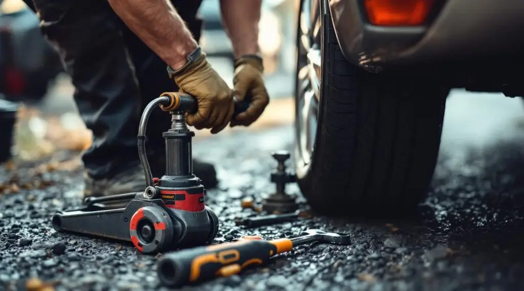 A professional Snappy Towing technician using a floor jack to change a flat tire on a busy Eagle roadside at dusk.