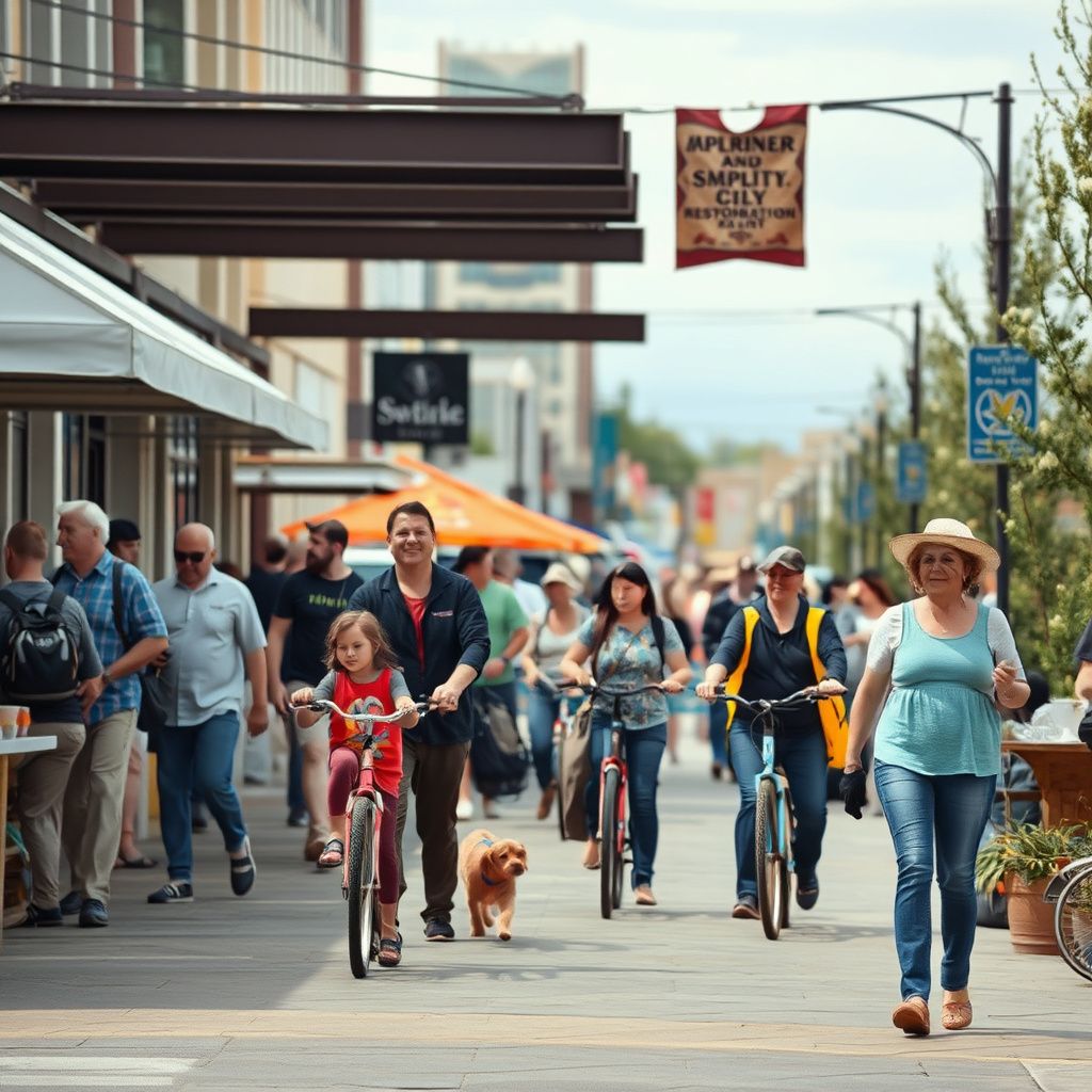 Historic Main Street in downtown Meridian, Idaho, with older brick buildings and modern storefronts under a clear sky.
