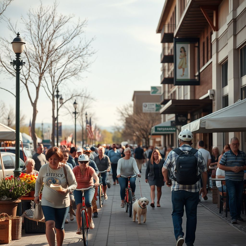 A vibrant scene at the Eagle Saturday Market in downtown Eagle, Idaho, with vendors, shoppers, and historic buildings in the background.