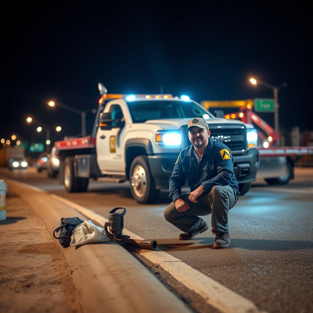 A Snappy Towing technician carefully securing a vehicle onto a flatbed tow truck on a residential street in Middleton, Idaho at dusk.
