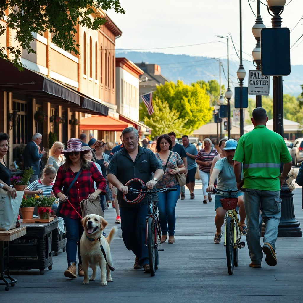 Historic downtown street in Emmett, Idaho, with classic brick buildings and a view of distant orchards under a sunny sky.