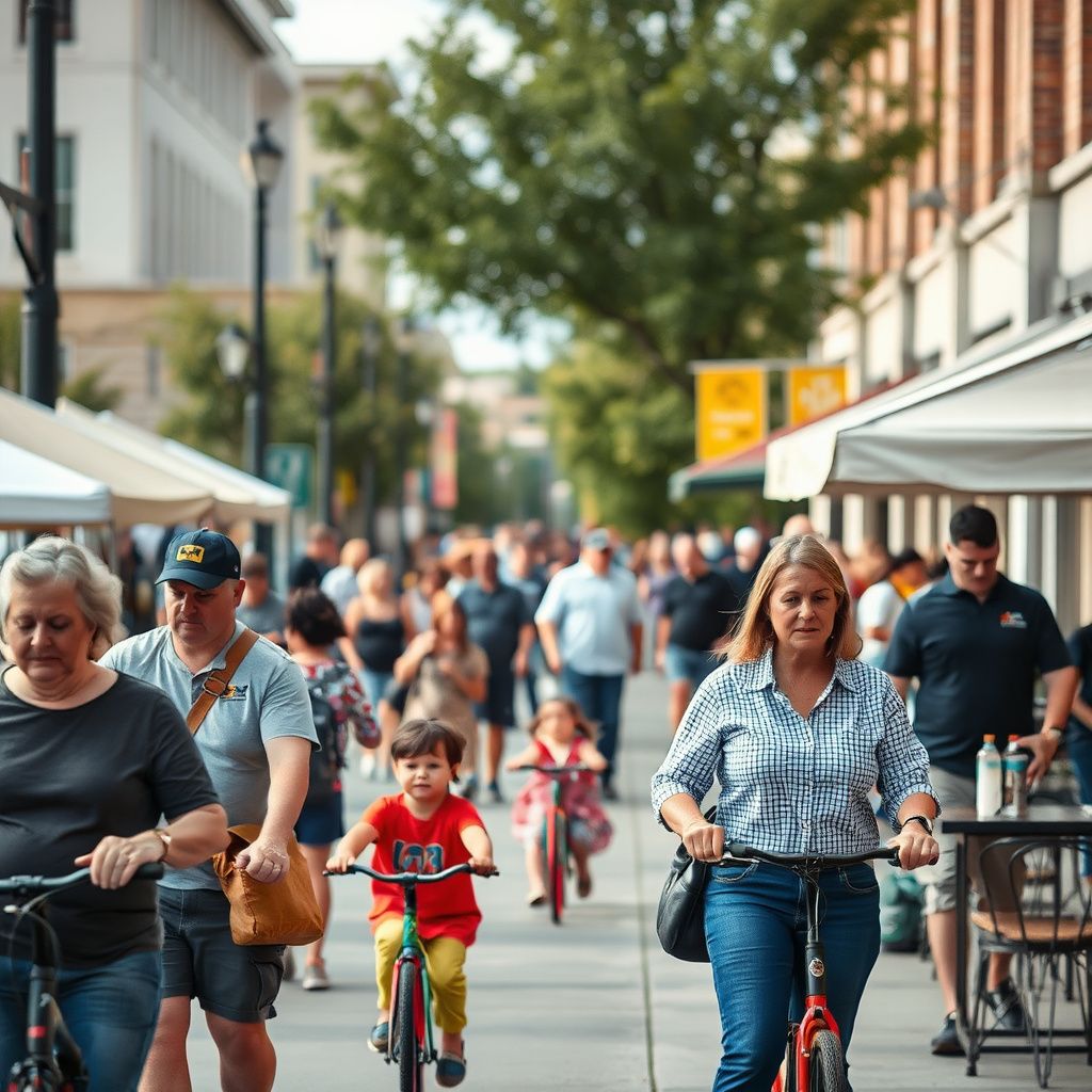 Historic brick buildings lining a vibrant street in downtown Caldwell, Idaho, with people enjoying the Indian Creek Plaza in the foreground during a community event.