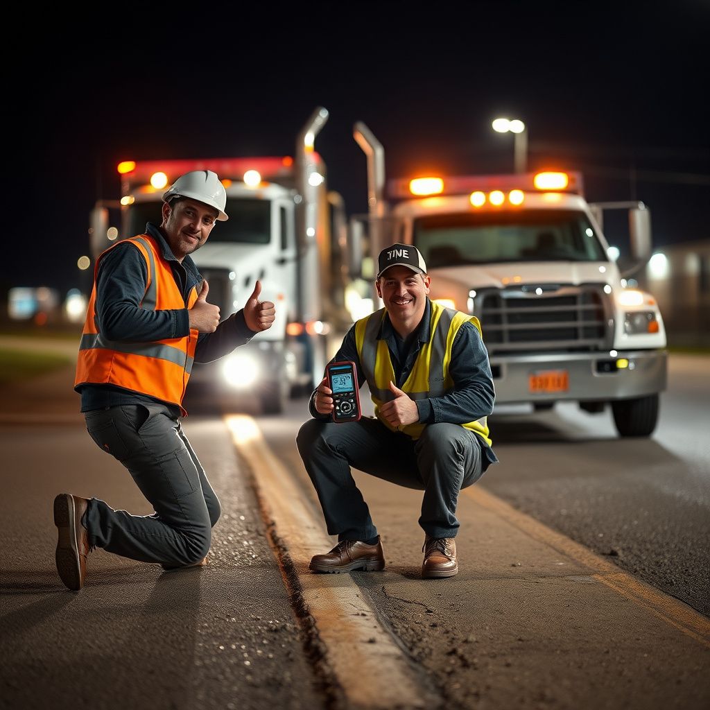 A Snappy Towing flatbed truck driver in uniform shaking hands with a relieved customer next to their car on a sunny street in Caldwell, Idaho, after a successful tow.