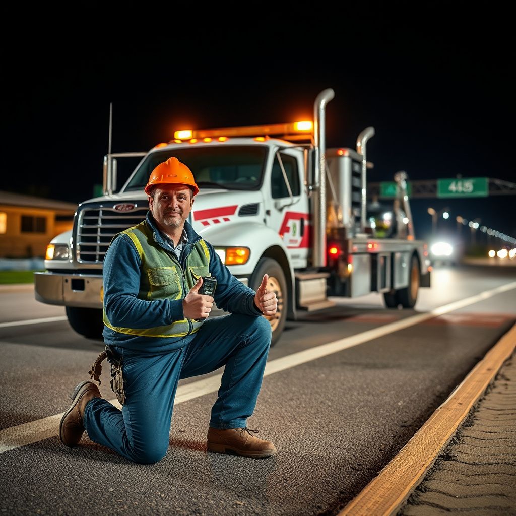 A tow truck driver from Snappy Towing smiling while securing a vehicle onto a flatbed in a Nampa residential area.