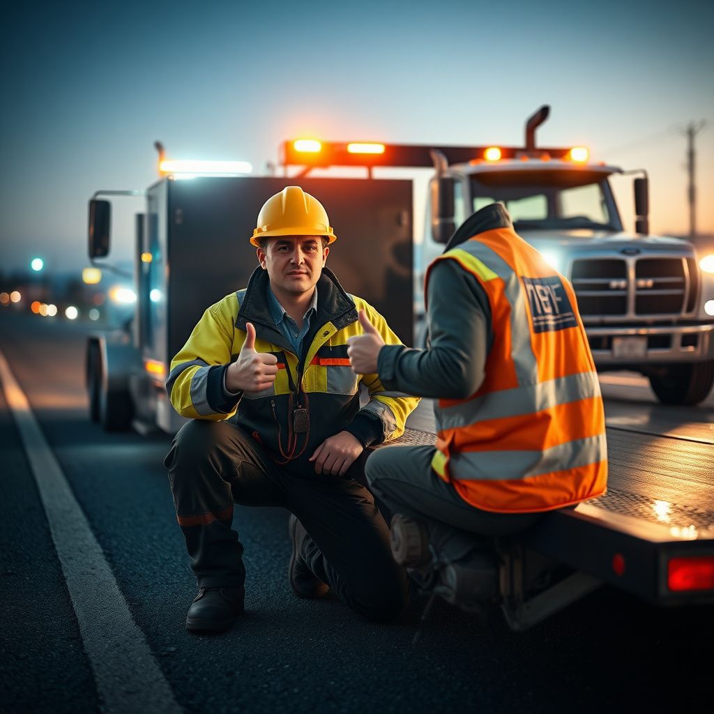 A Snappy Towing tow truck driver in Garden City, Idaho, smiling and giving a thumbs-up after successfully assisting a customer.
