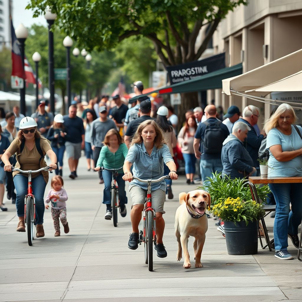 A vibrant street scene in Garden City, Idaho, with local businesses, art murals, and people walking along the sidewalk on a sunny day.